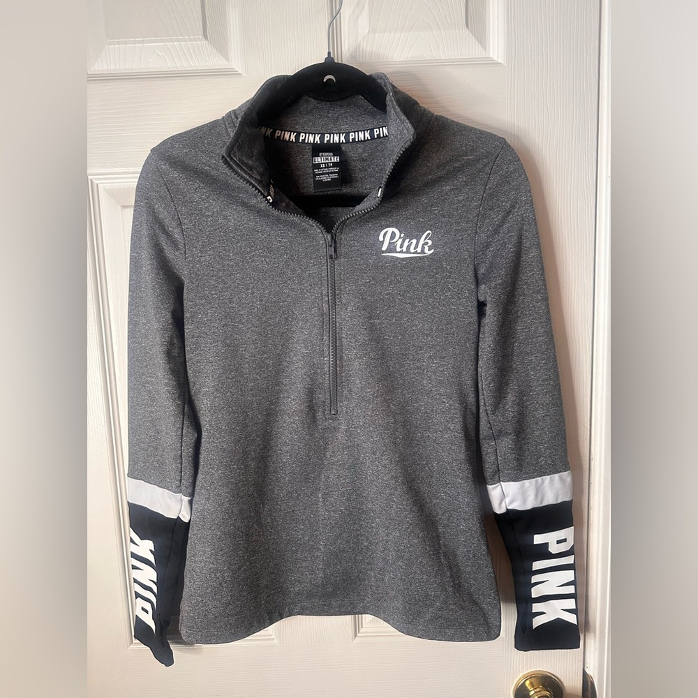 Victoria's Secret PINK Ultimate Pullover XS Gray Colorblock 1/4 Zip Thumb Holes
